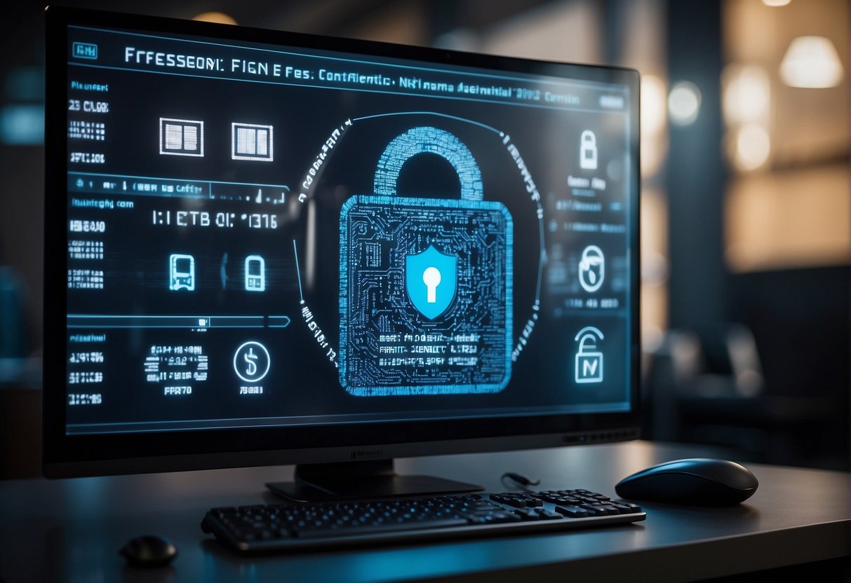 A computer screen displaying a secure data erasure process on a biometric device, surrounded by digital locks and security symbols