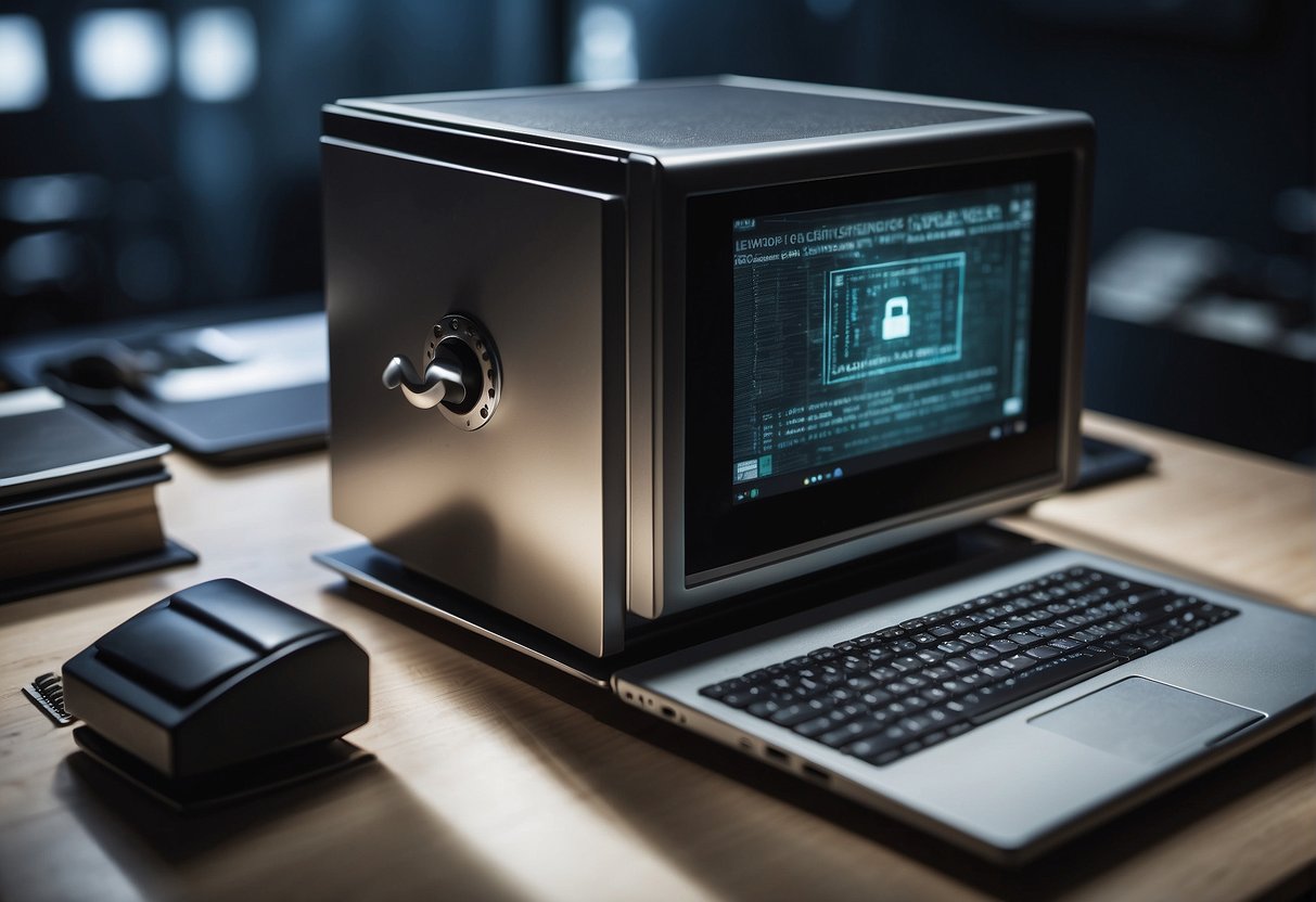 A secure vault with biometric data being erased from a computer system, surrounded by legal documents and ethical guidelines