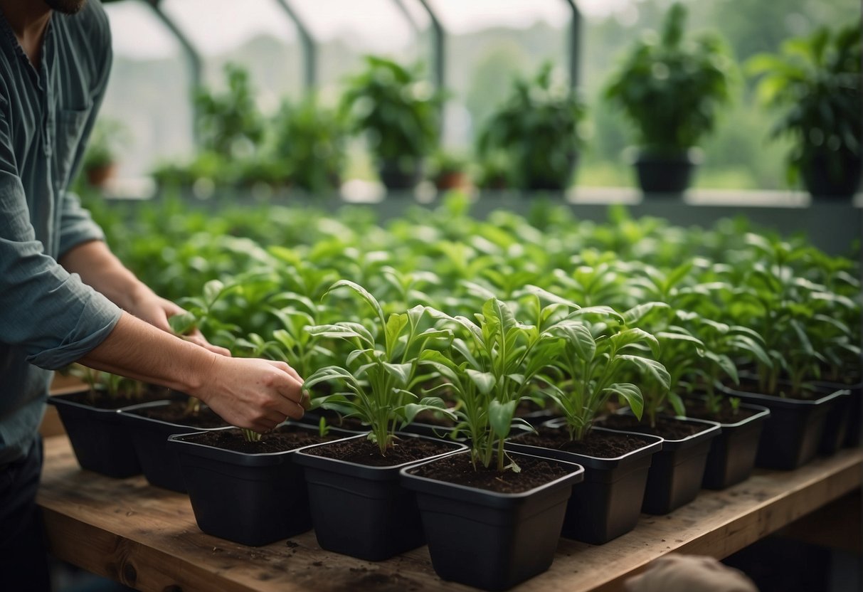 Lush green plants being carefully selected and placed into wicking pots, with water reservoirs visible beneath the soil