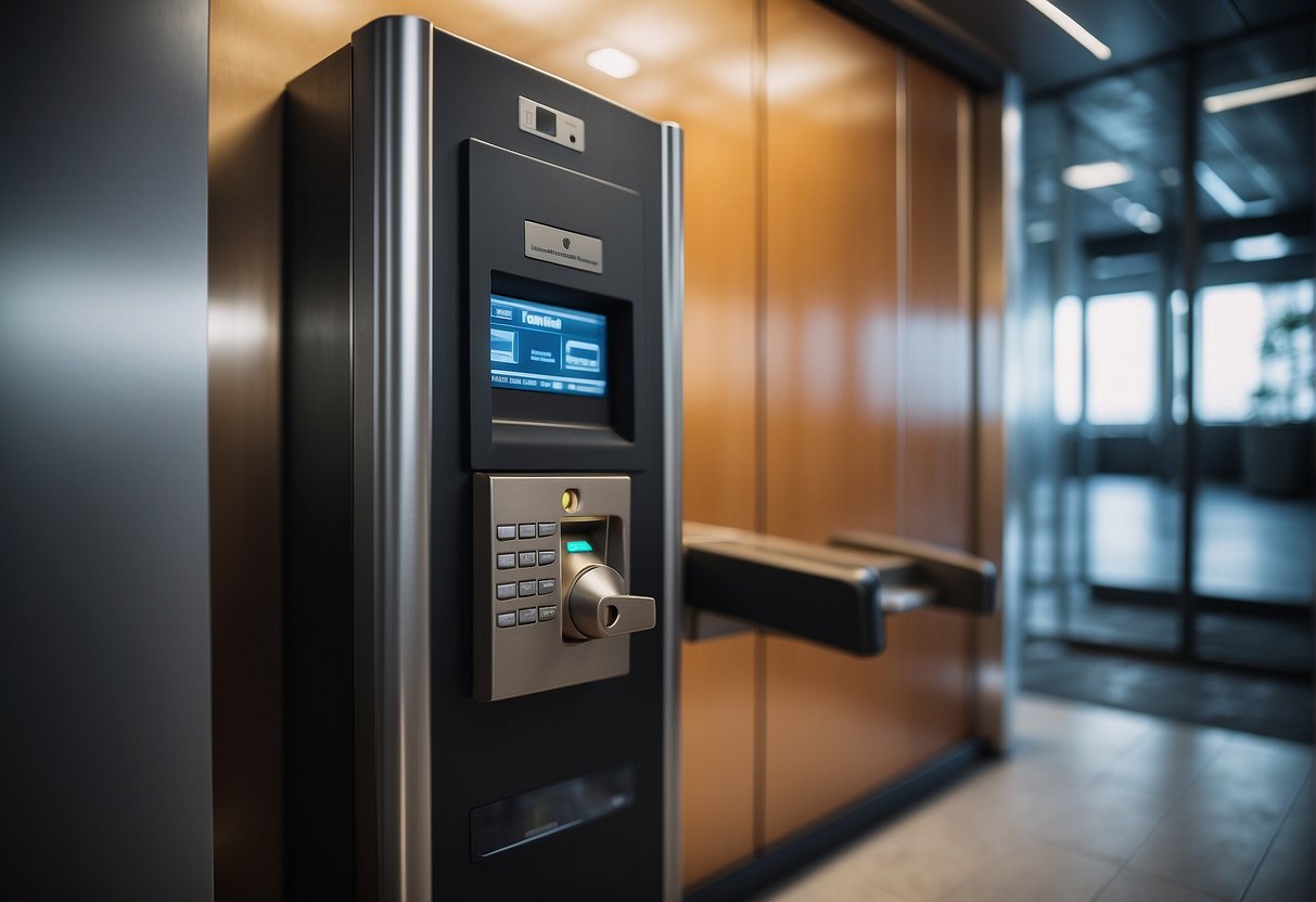 A secure vault door being closed with a biometric scanner and data erasure equipment in the background