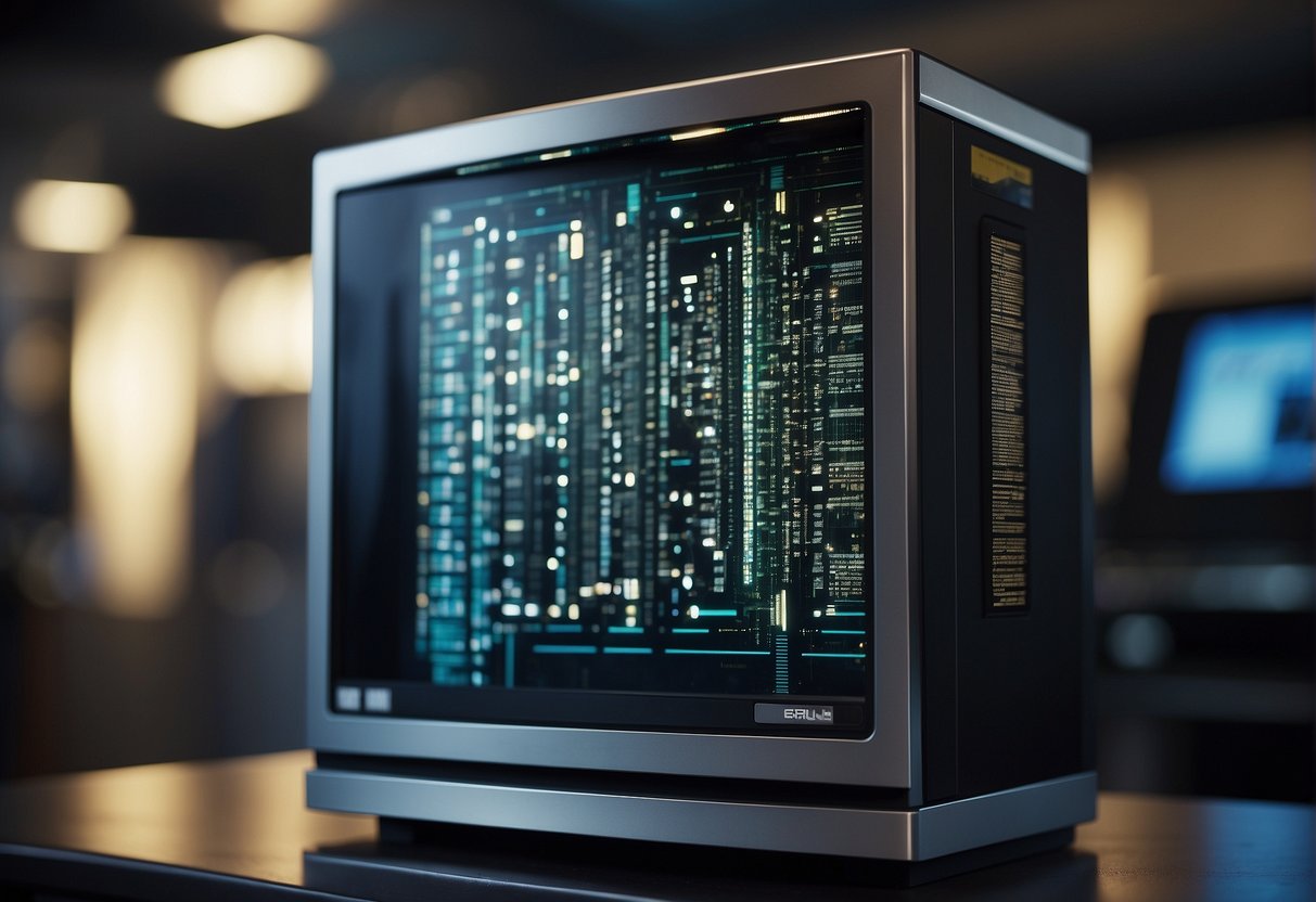 A futuristic data erasure machine erases biometric data from a computer, symbolizing the importance of privacy and protection