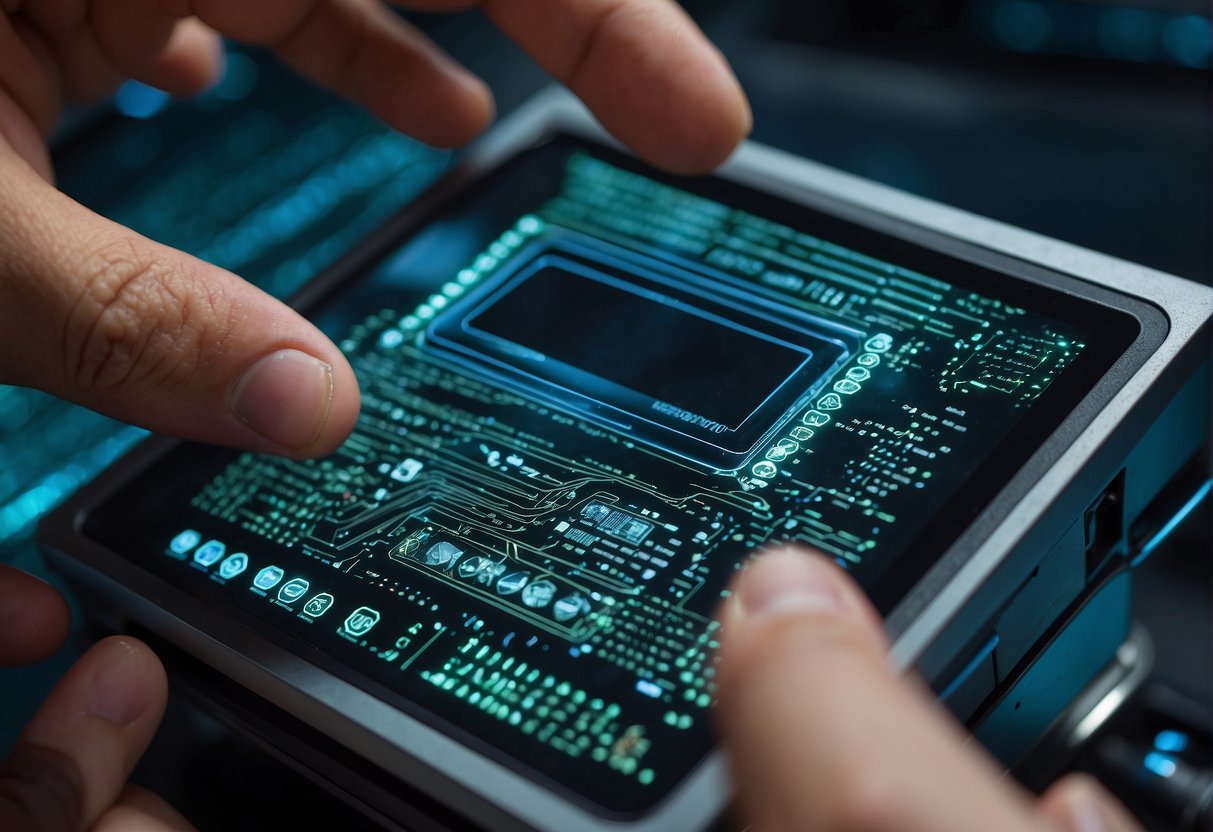 A secure data erasure process in action, with biometric data being wiped from a device. Security measures are visibly in place