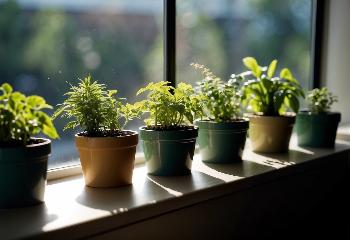 A row of self-watering indoor pots sit on a windowsill, filled with lush green plants and surrounded by sunlight streaming through the glass