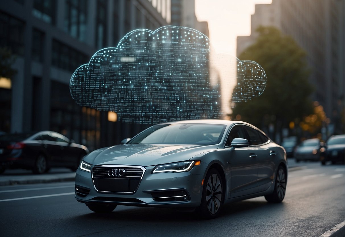 An autonomous vehicle's data being erased, symbolized by a digital cloud disappearing, with a focus on privacy and ethical considerations