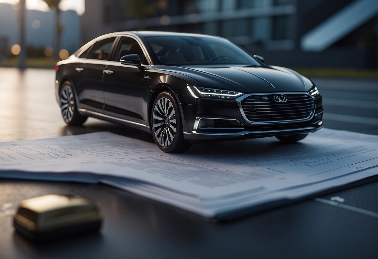 An autonomous vehicle erasing data with a secure system, surrounded by legal documents and privacy protection measures