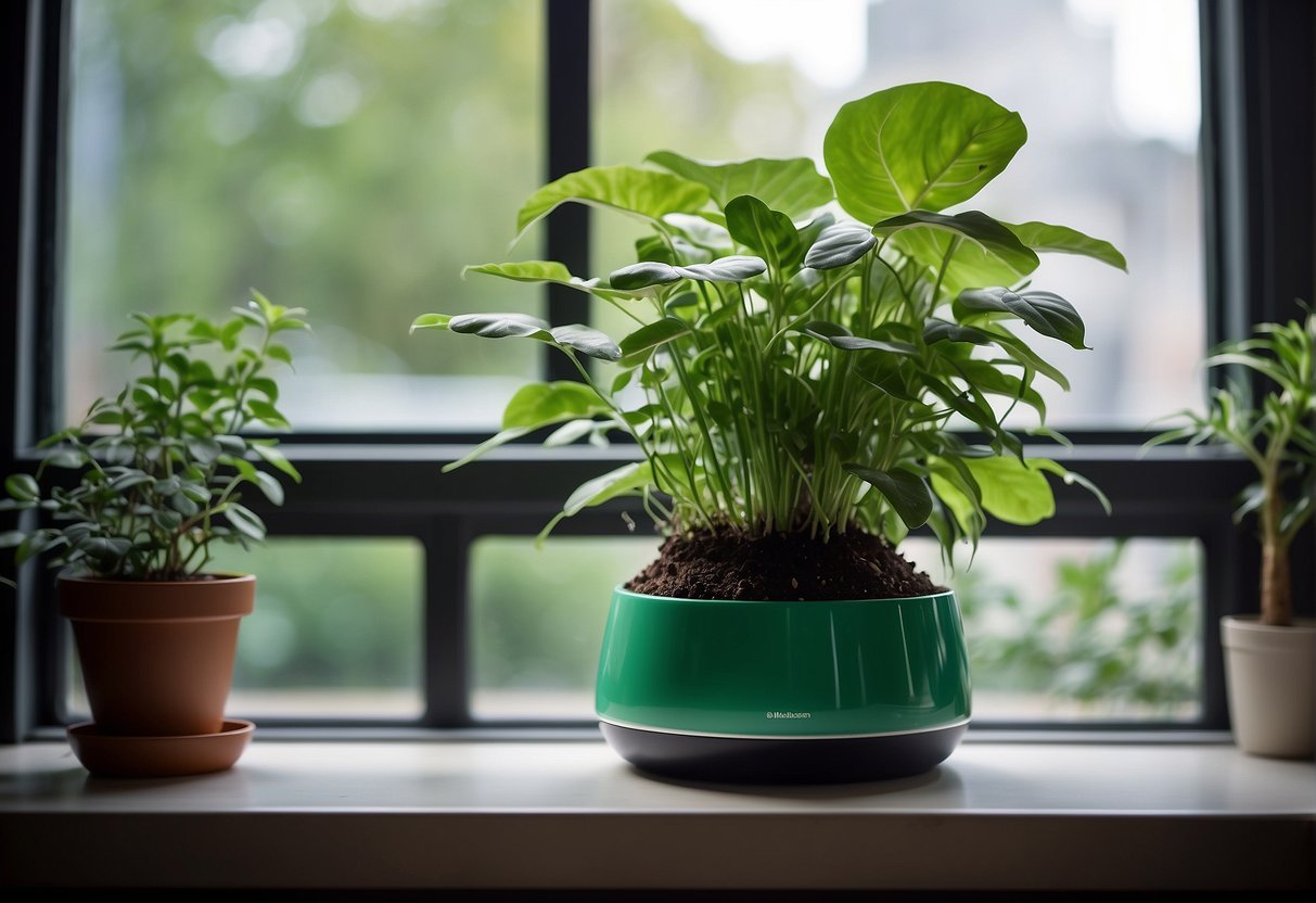 A self-watering pot sits on a windowsill, filled with vibrant green plants. The water reservoir below the soil is visible through a small transparent window, indicating the pot's functionality