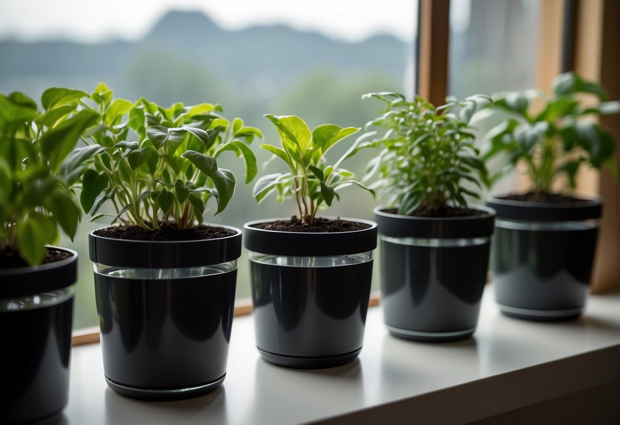 The self-watering indoor pots are placed on a windowsill, filled with soil and equipped with a water reservoir. The indicator shows the water level, while the plants thrive in the low-maintenance system