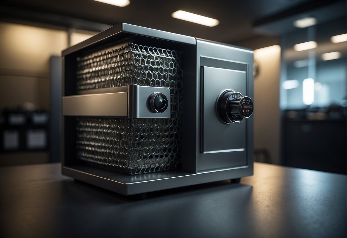 A secure vault with a digital lock protects sensitive data. A shredder destroys old files, while a shield defends against cyber threats