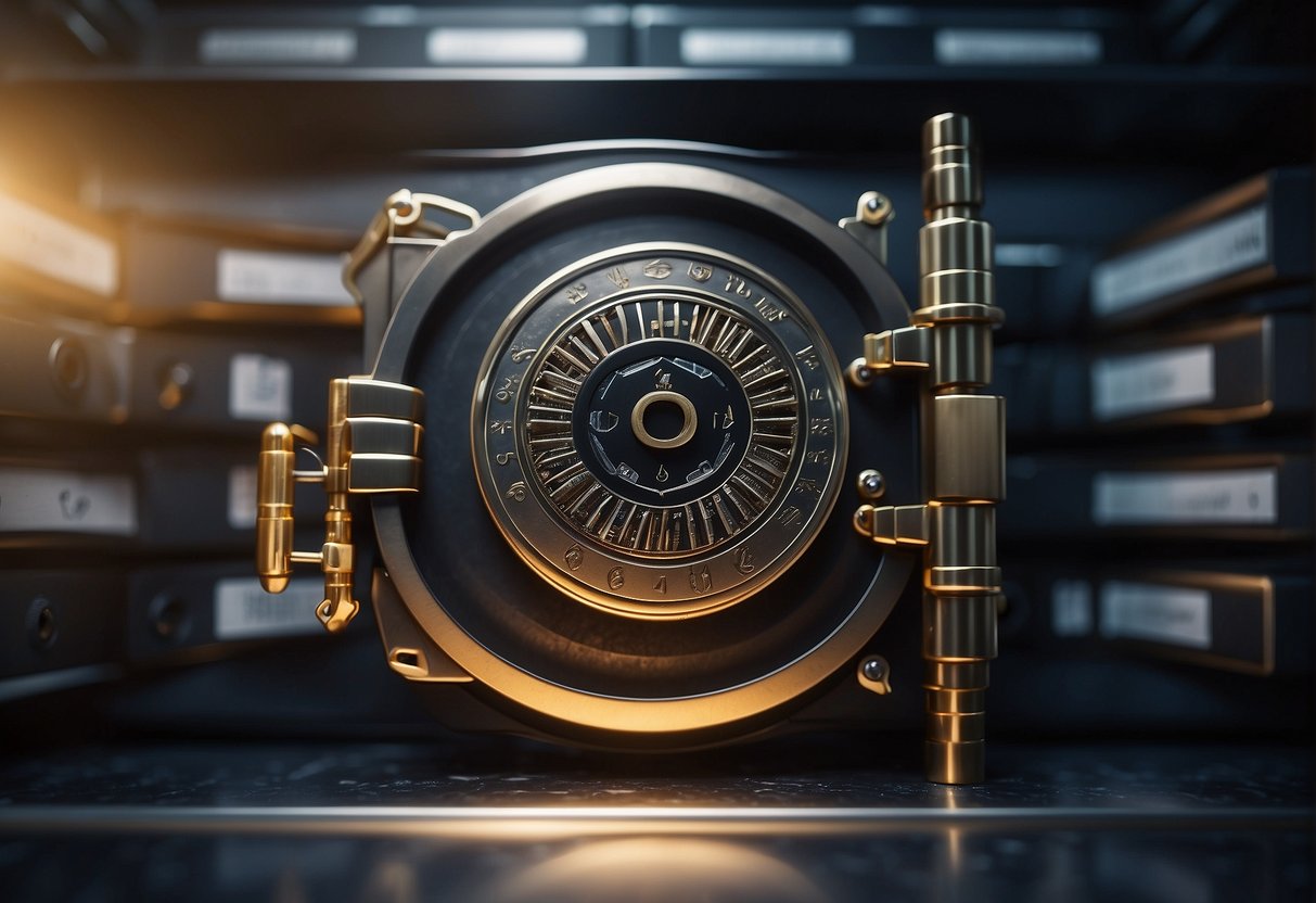 A secure vault with a digital lock symbolizing data erasure supporting DRM, surrounded by legal documents and regulatory guidelines