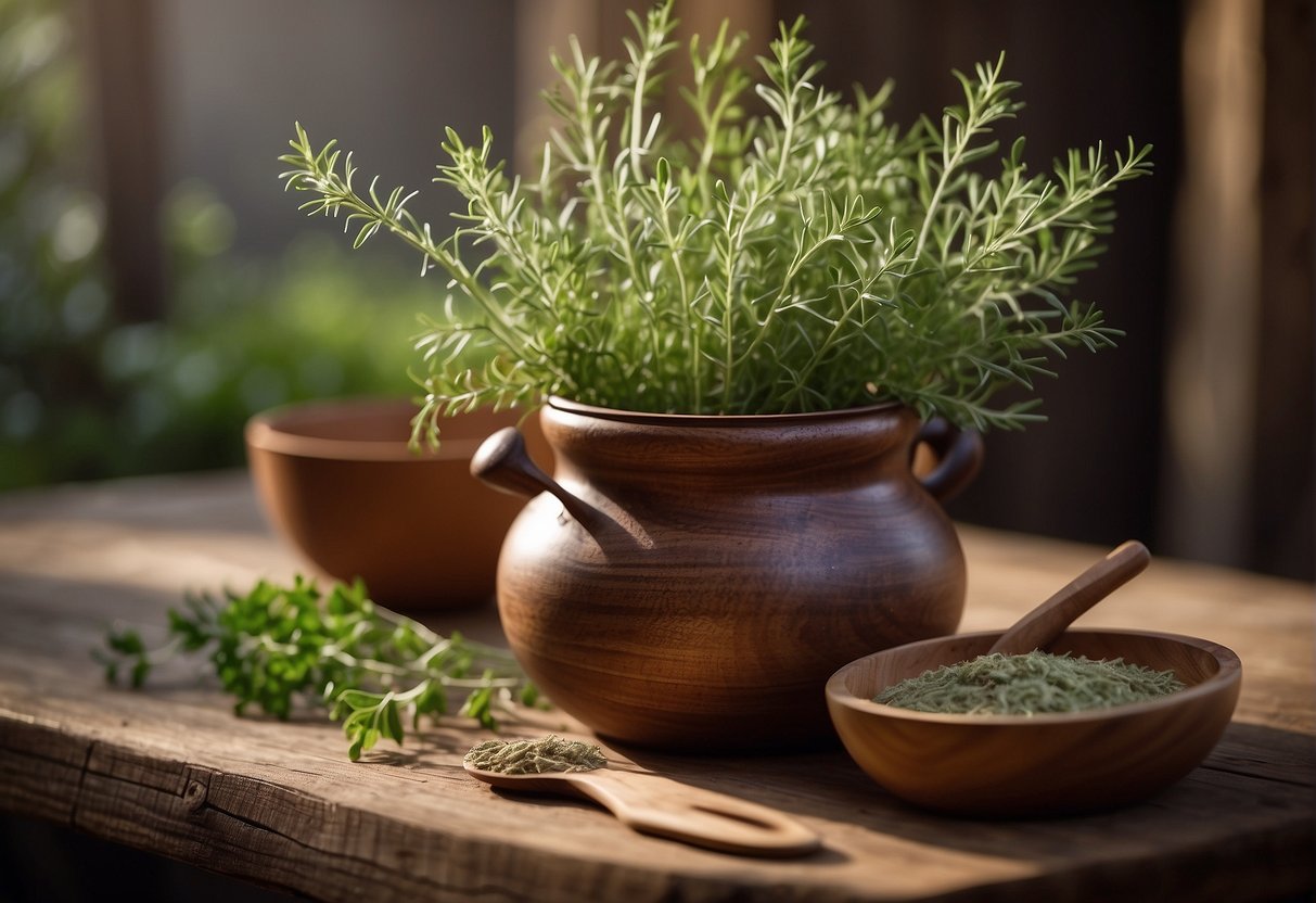 A wooden pot sits on a rustic table, surrounded by scattered herbs and a worn wooden spoon