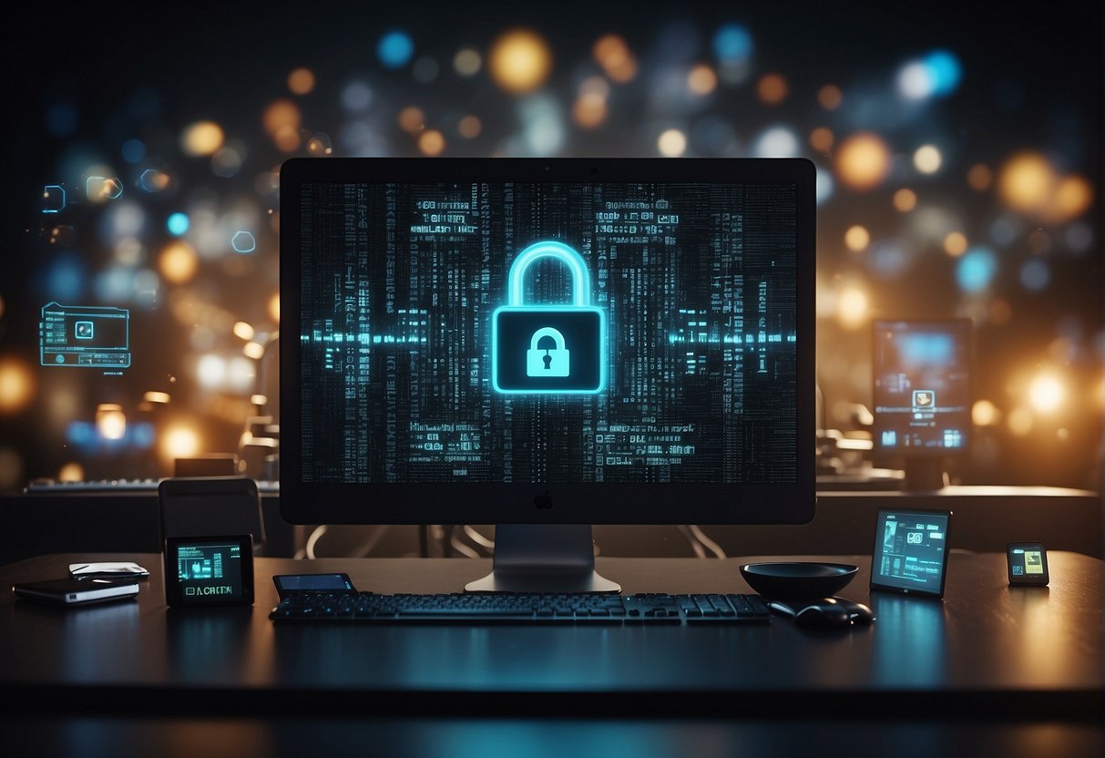 A computer screen displays a locked file icon with a digital lock and a progress bar indicating data erasure. The background shows various digital devices and platforms, symbolizing the impact of DRM on user experience