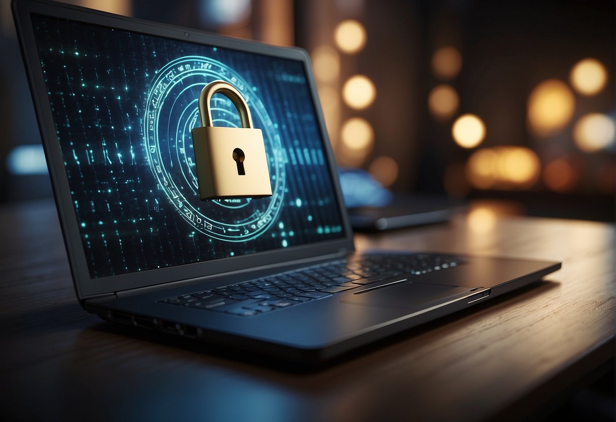 A computer screen displays a lock icon with a digital key, symbolizing DRM. A data erasure tool runs in the background, supporting the protection of digital content