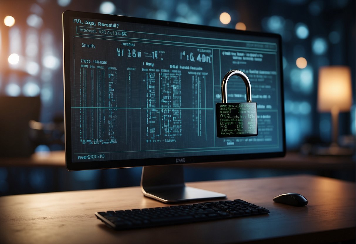 A computer screen displaying a FAQ page on data erasure and DRM, with a stylized lock icon and technical diagrams in the background