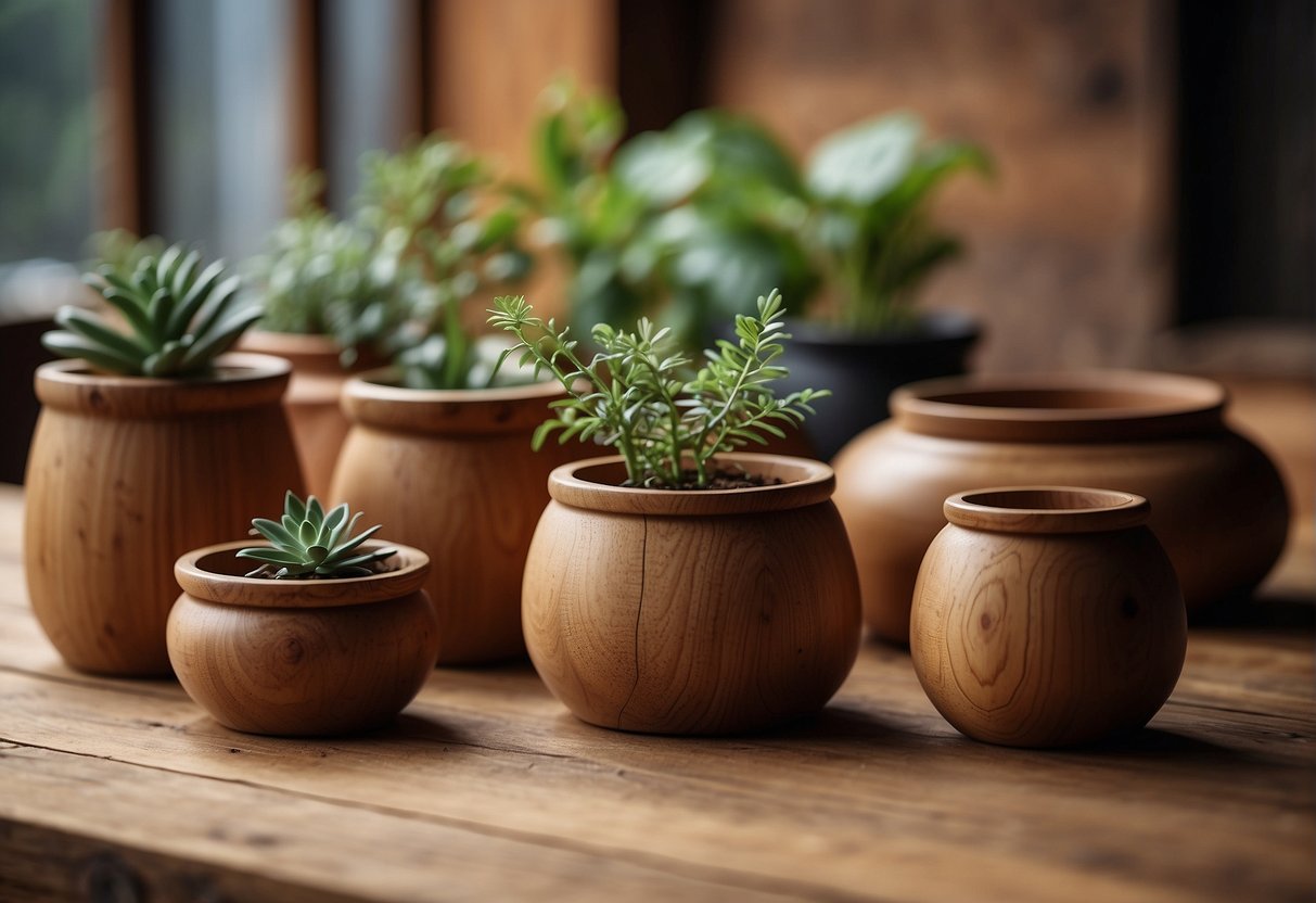 Various wooden pots of different shapes and sizes arranged on a rustic wooden table