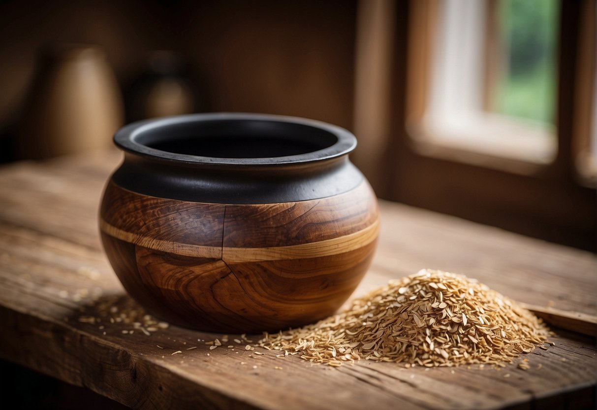 A wooden pot sits on a rough-hewn table, surrounded by chisels, sawdust, and shavings