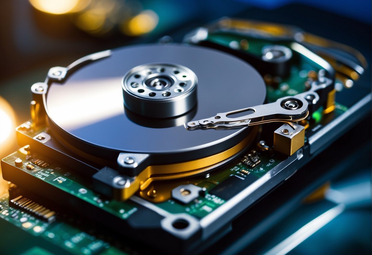 A computer hard drive being wiped clean with a data erasure tool, with a background of financial documents and a SOX compliance checklist