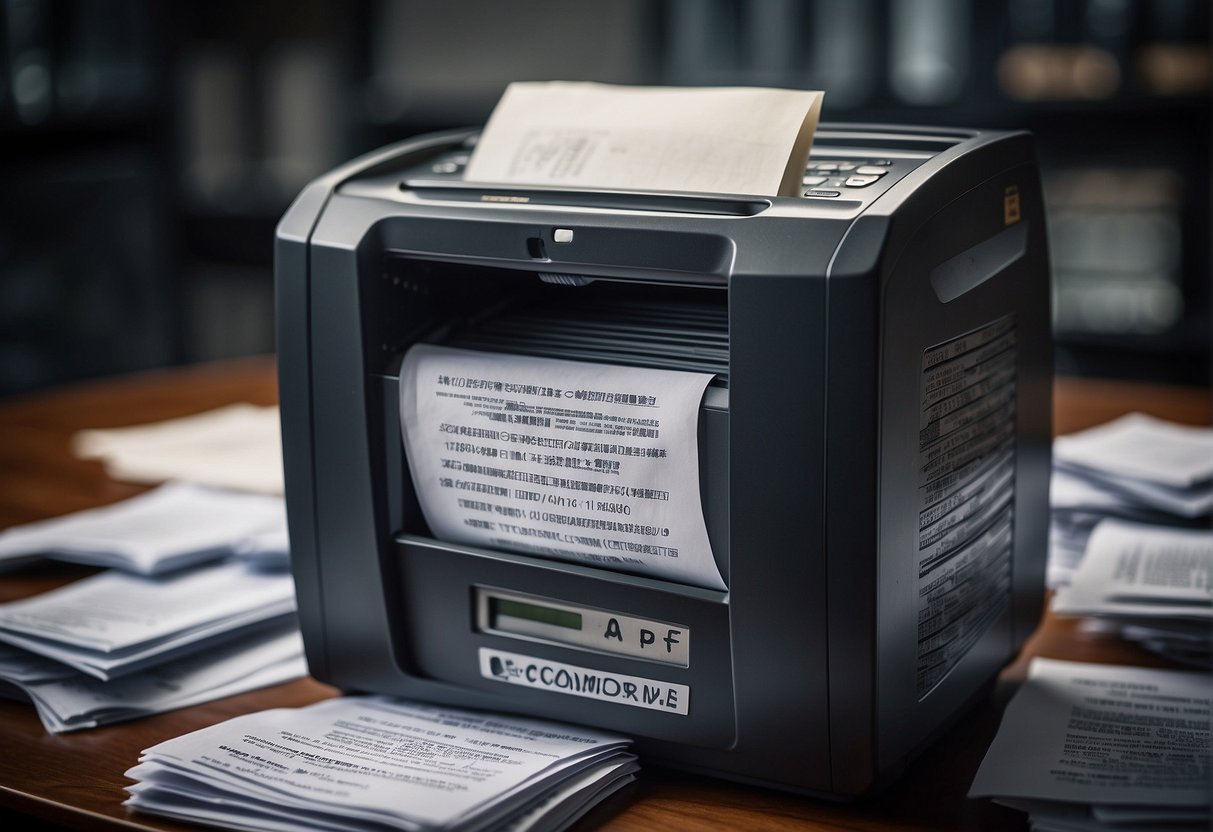 A shredder machine destroying stacks of documents labeled "Sarbanes-Oxley Act" and "Data Erasure" to depict compliance with SOX