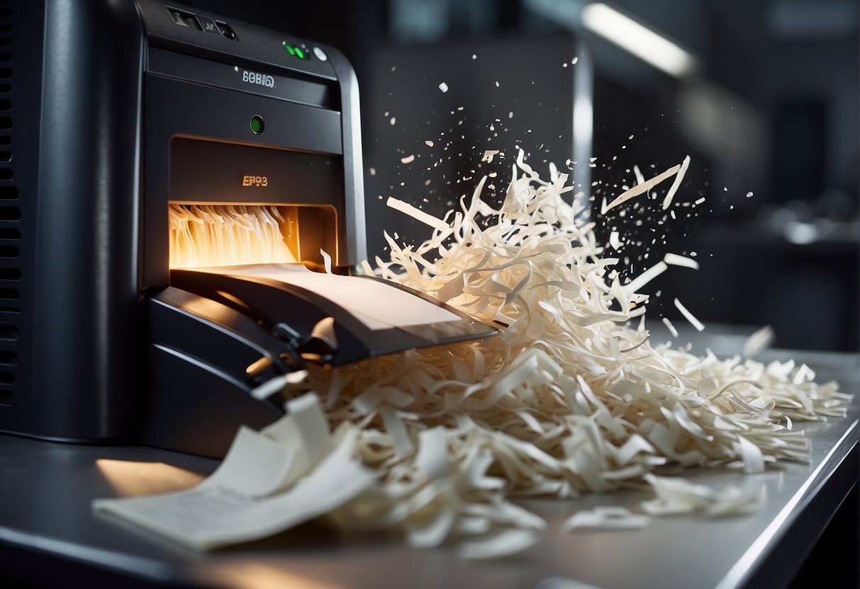 A shredder machine obliterates stacks of paper documents, while a computer hard drive is being wiped clean with a data erasure software