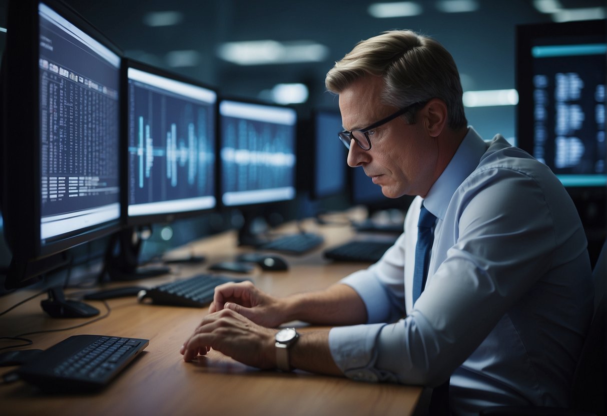 A manager oversees data erasure process for SOX compliance. Files are securely wiped from computer systems