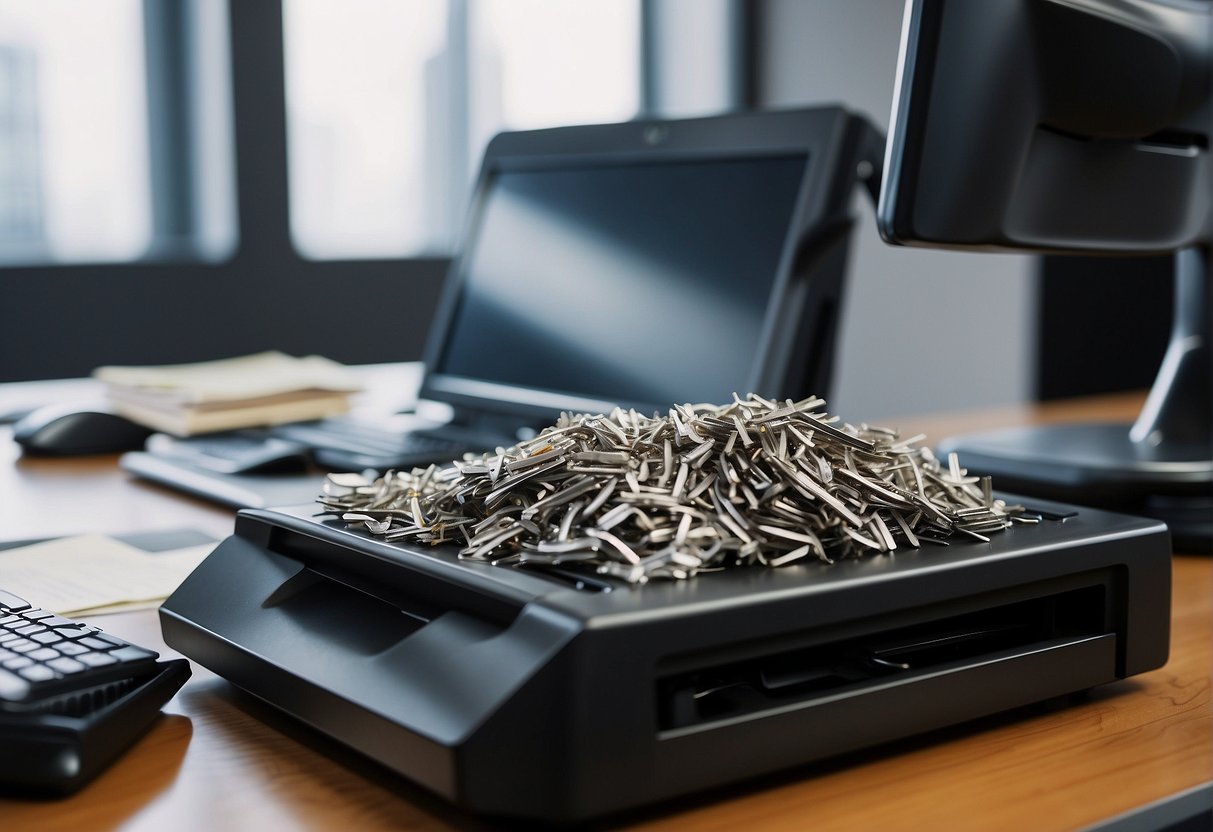 An office desk with a computer, files, and a shredder. A document being shredded, symbolizing data erasure for SOX compliance