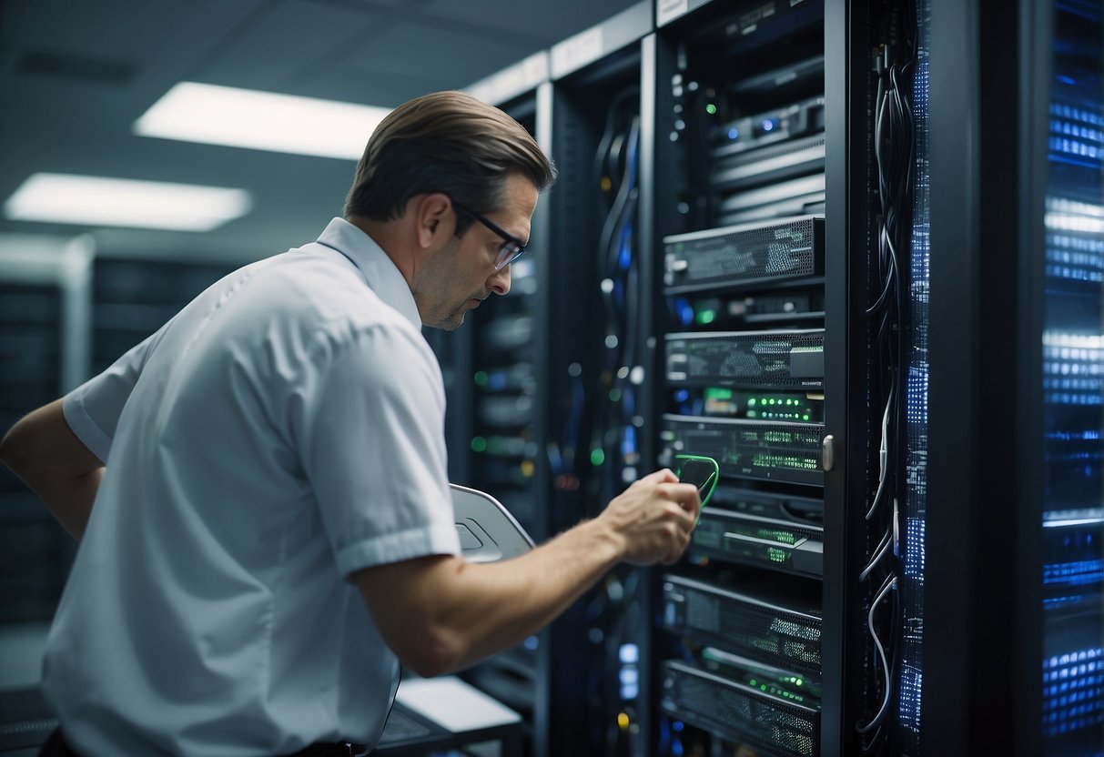 A server room with IT equipment being wiped clean, symbolizing data erasure for SOX compliance