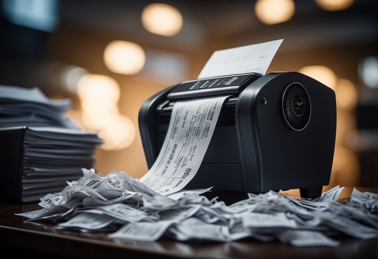 A shredder machine destroying documents labeled "SOX Compliance" with a legal document in the background