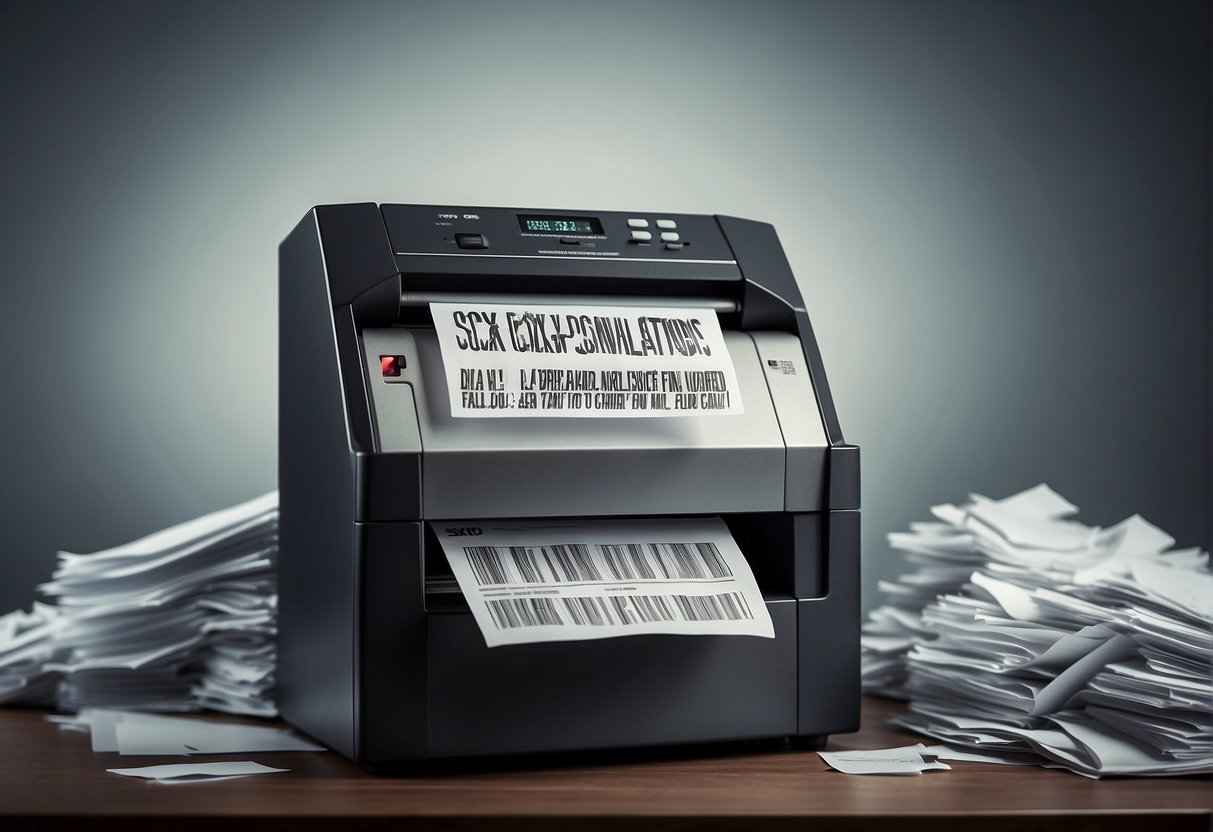 A shredder machine destroying a stack of documents labeled "SOX Compliance" with a "Frequently Asked Questions" banner in the background