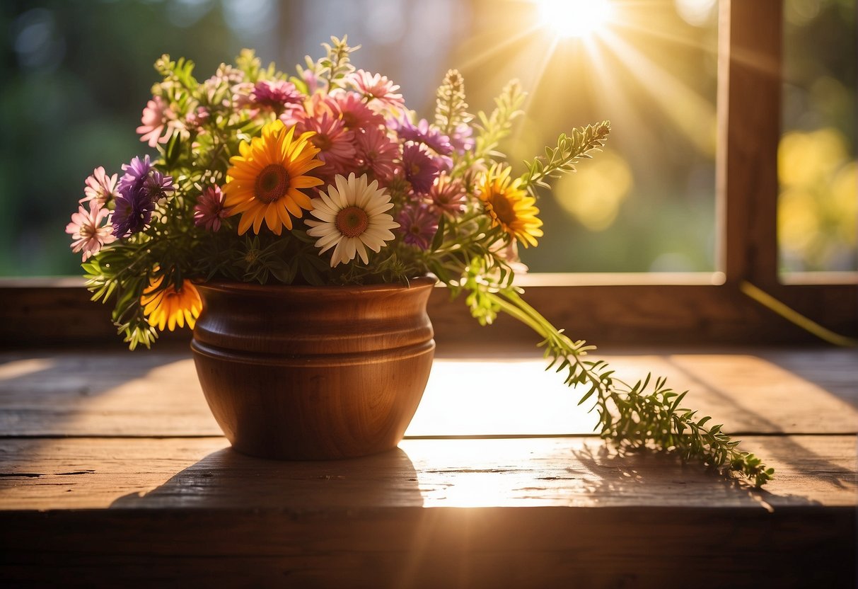 A timber pot sits on a rustic wooden table, filled with vibrant flowers spilling over the edges. Sunlight streams through a nearby window, casting a warm glow on the scene