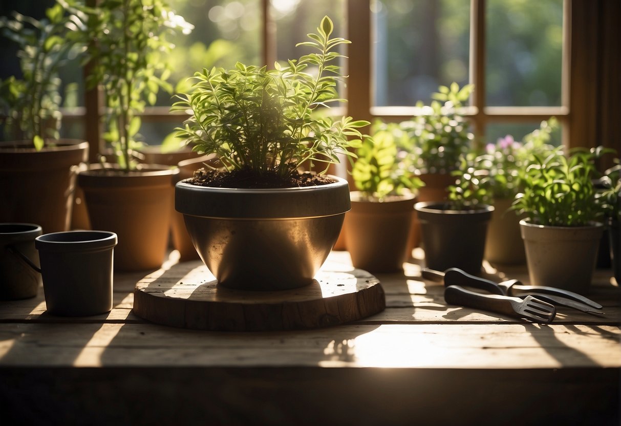 A timber pot sits on a rustic wooden table, filled with soil and surrounded by gardening tools. Sunlight streams through a nearby window, casting a warm glow on the scene