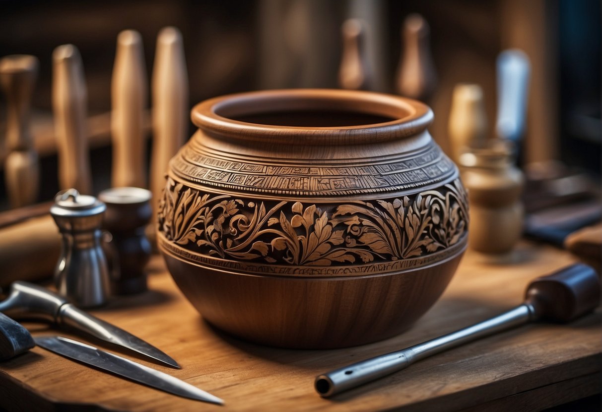 A timber pot with intricate carvings and smooth finish sits on a workbench, surrounded by chisels, sandpaper, and other craft tools