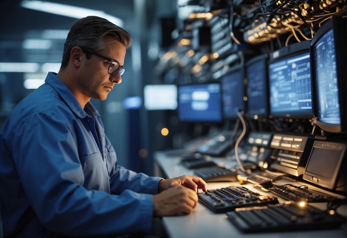 A technician erases data from energy sector equipment, ensuring critical infrastructure protection