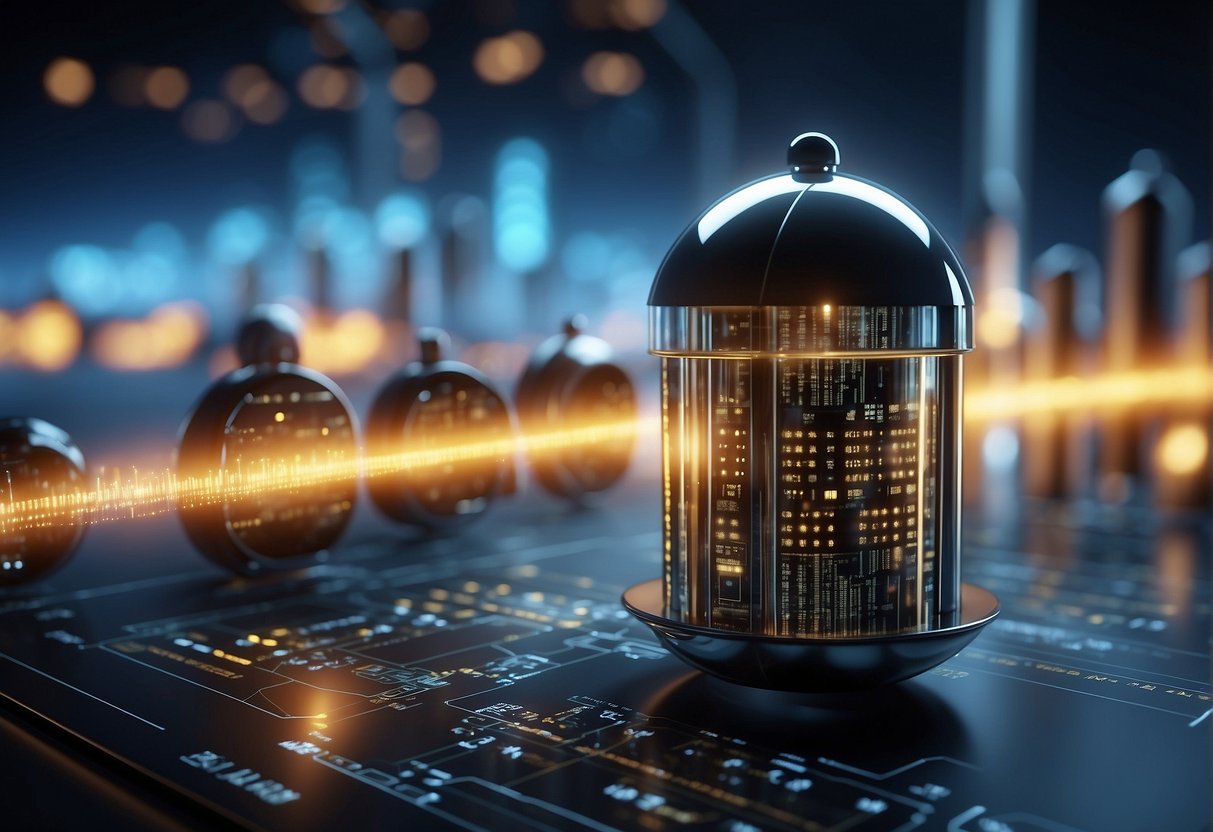 The scene depicts a secure data erasure process in the energy sector, with a focus on protecting critical infrastructure. The illustration should convey a sense of professionalism and security measures being implemented