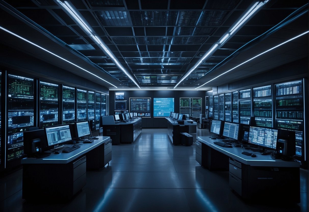 A high-tech facility erases data from energy infrastructure systems, ensuring security and protection. Servers and advanced equipment fill the room, with flashing lights and sleek, modern design