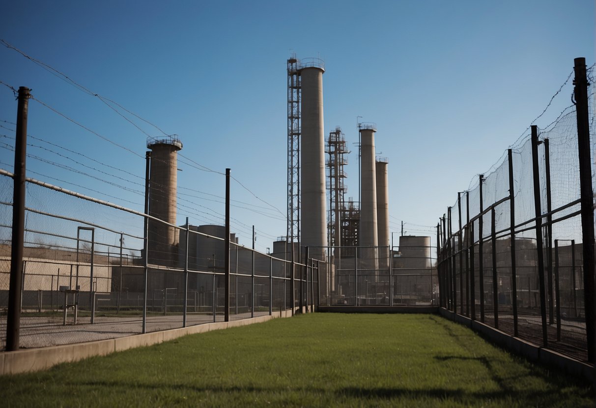 A power plant surrounded by security fences and guarded by surveillance cameras, with data erasure equipment and backup generators inside