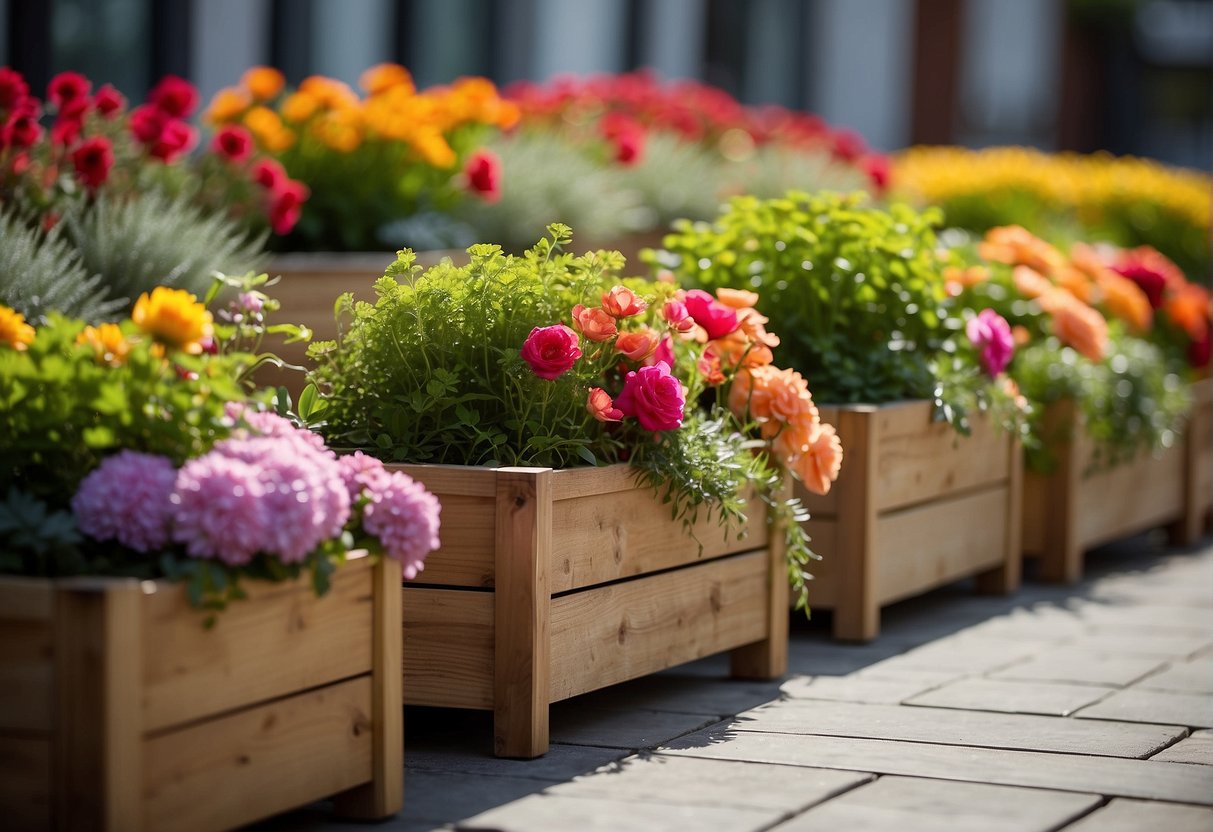 Wooden planter boxes arranged in a row. Each box is filled with vibrant flowers and greenery, creating a colorful and lively display