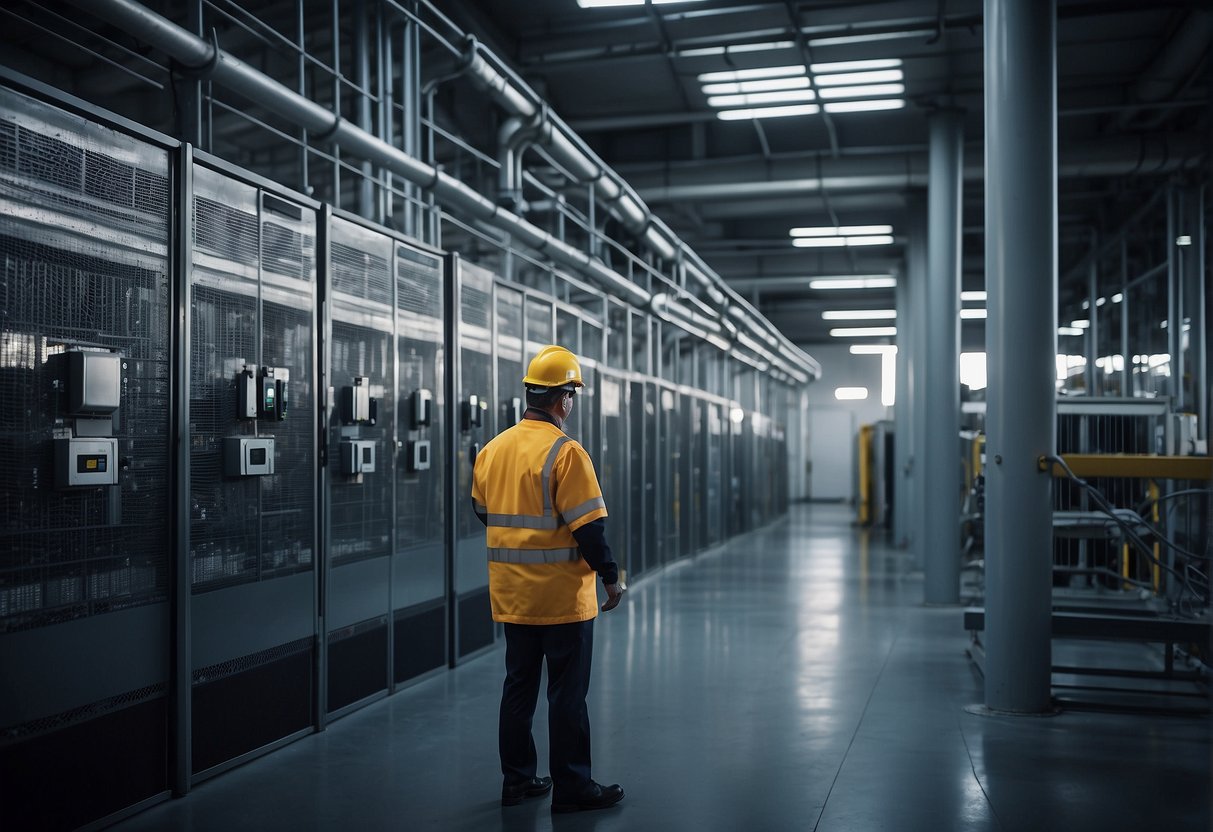A sturdy fence surrounds a power plant, with security cameras and guards patrolling. A digital lock secures a data center. A technician wipes clean a computer system