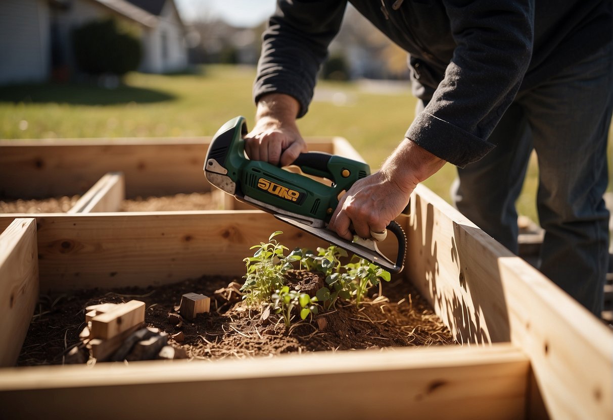 A person constructs a wooden planter box using a saw, hammer, and nails in a backyard. The sun shines down as they measure and cut the wood, assembling the pieces together
