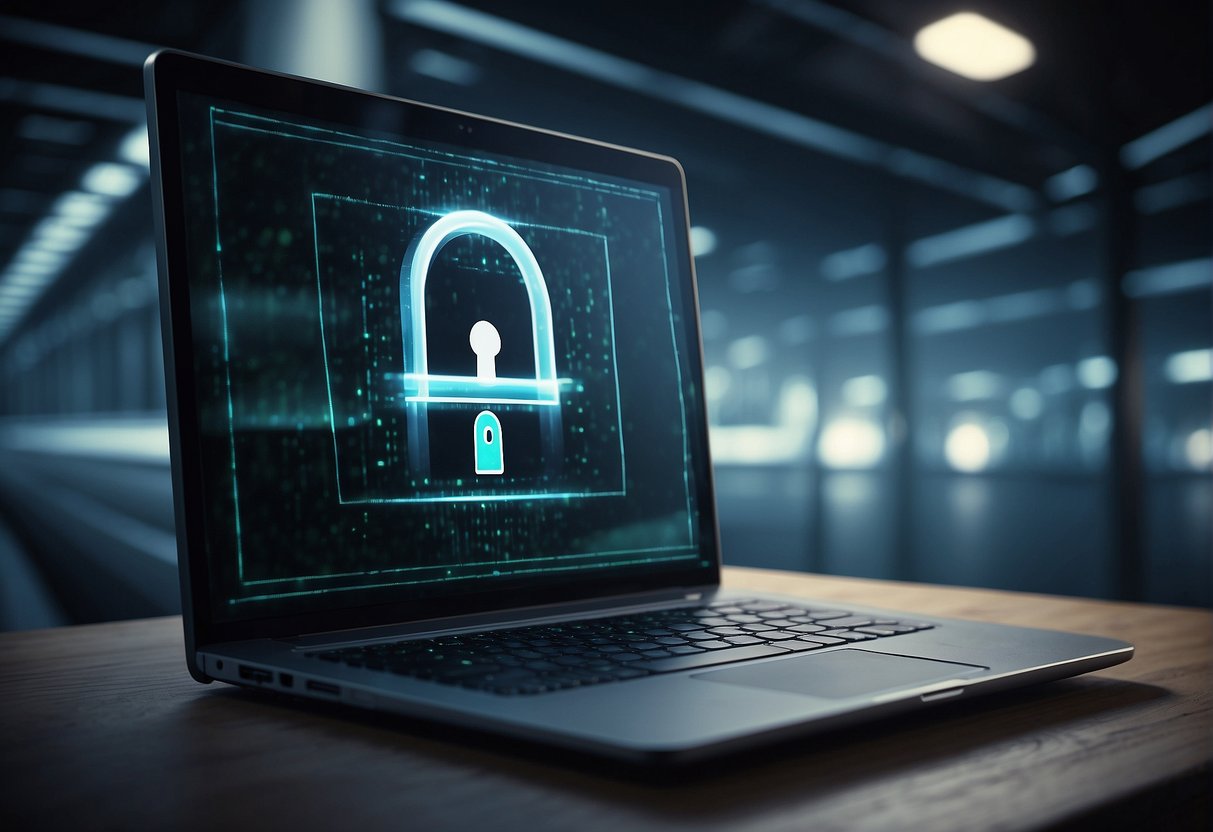 A computer screen with a lock symbol and data being securely transmitted through a tunnel, while another screen shows data being completely erased