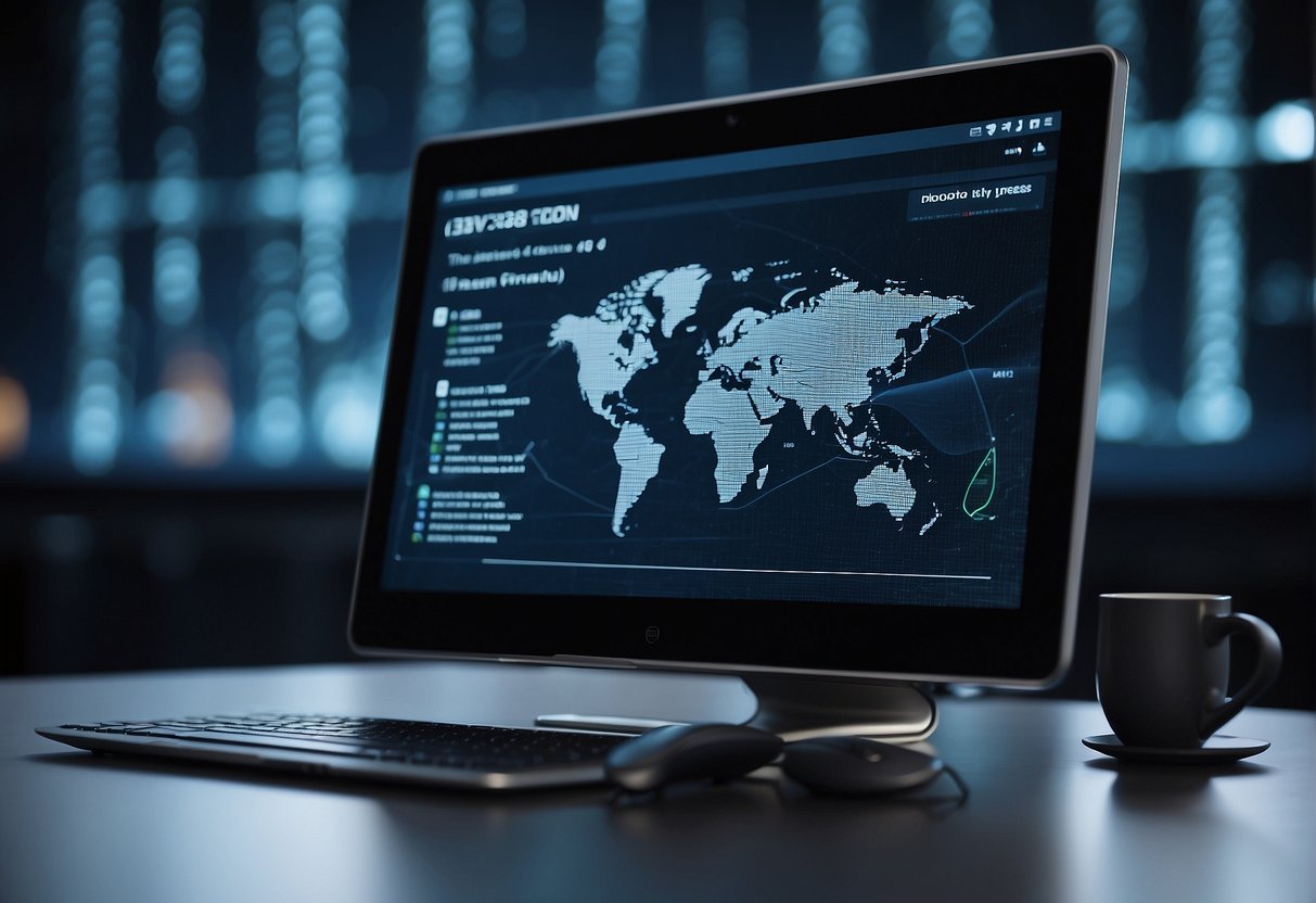 A computer screen displaying VPN configurations with a performance graph, alongside a secure data erasure process in a virtual network environment