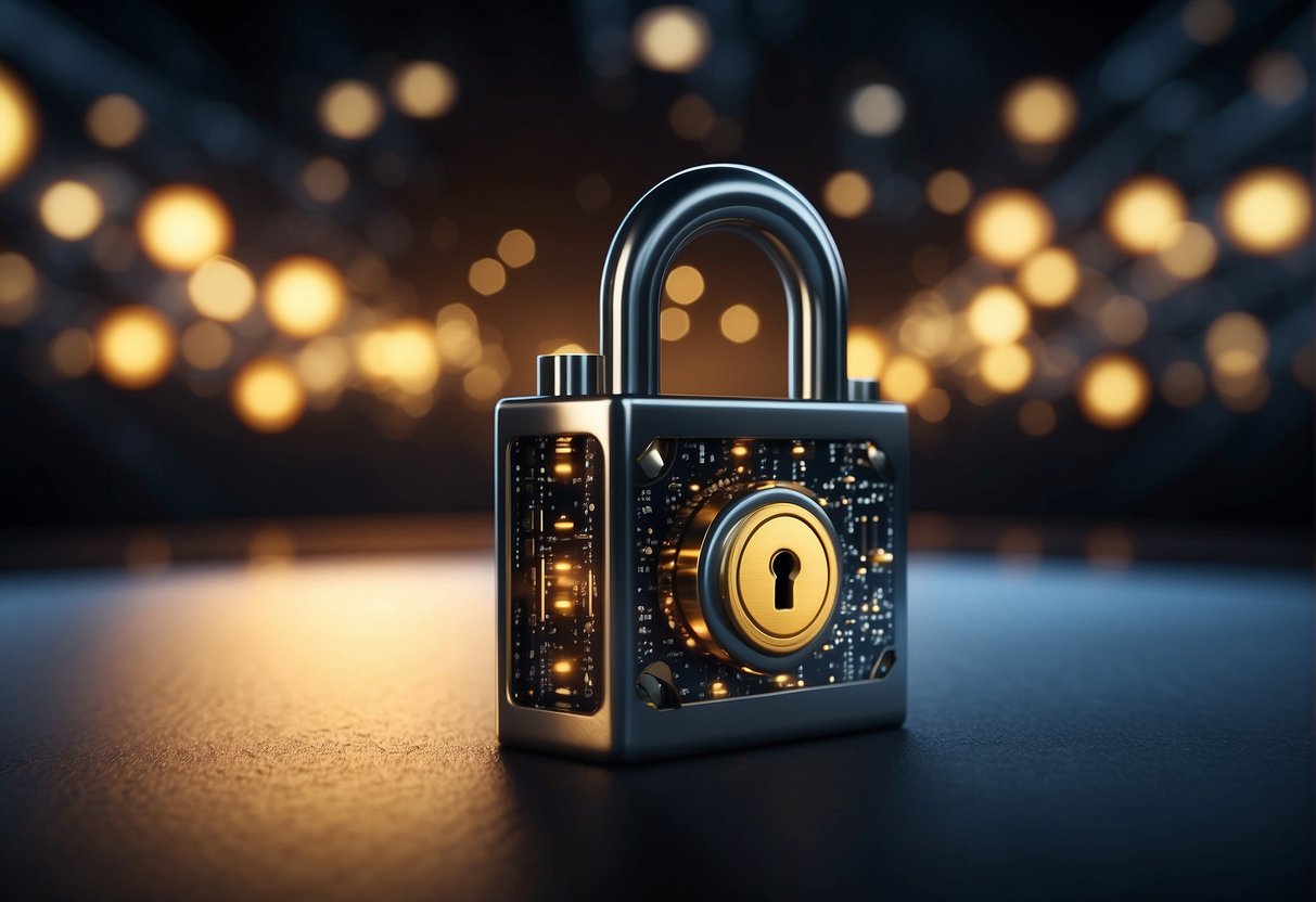 A locked vault with a glowing padlock symbolizing data privacy. A network of interconnected nodes with data being erased, representing VPNs