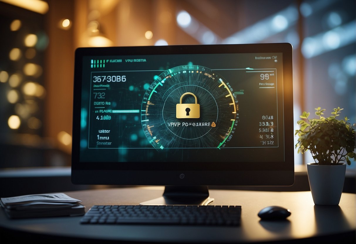 A computer screen displaying a secure VPN connection and a data erasure progress bar. A lock icon and a shredder symbol indicate secure data deletion