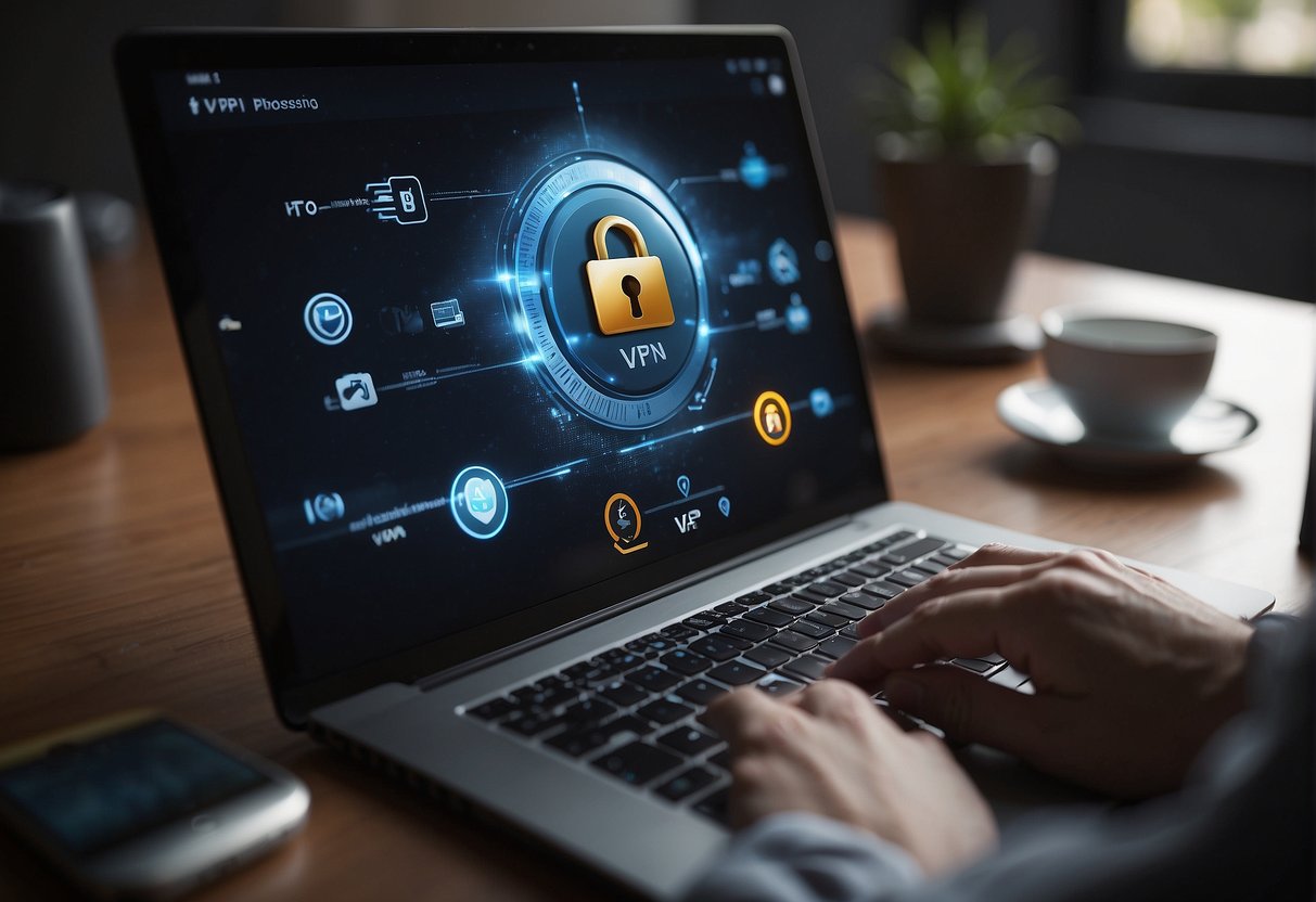 A person's hand pressing a button on a laptop with a VPN logo, while a secure lock icon appears on the screen