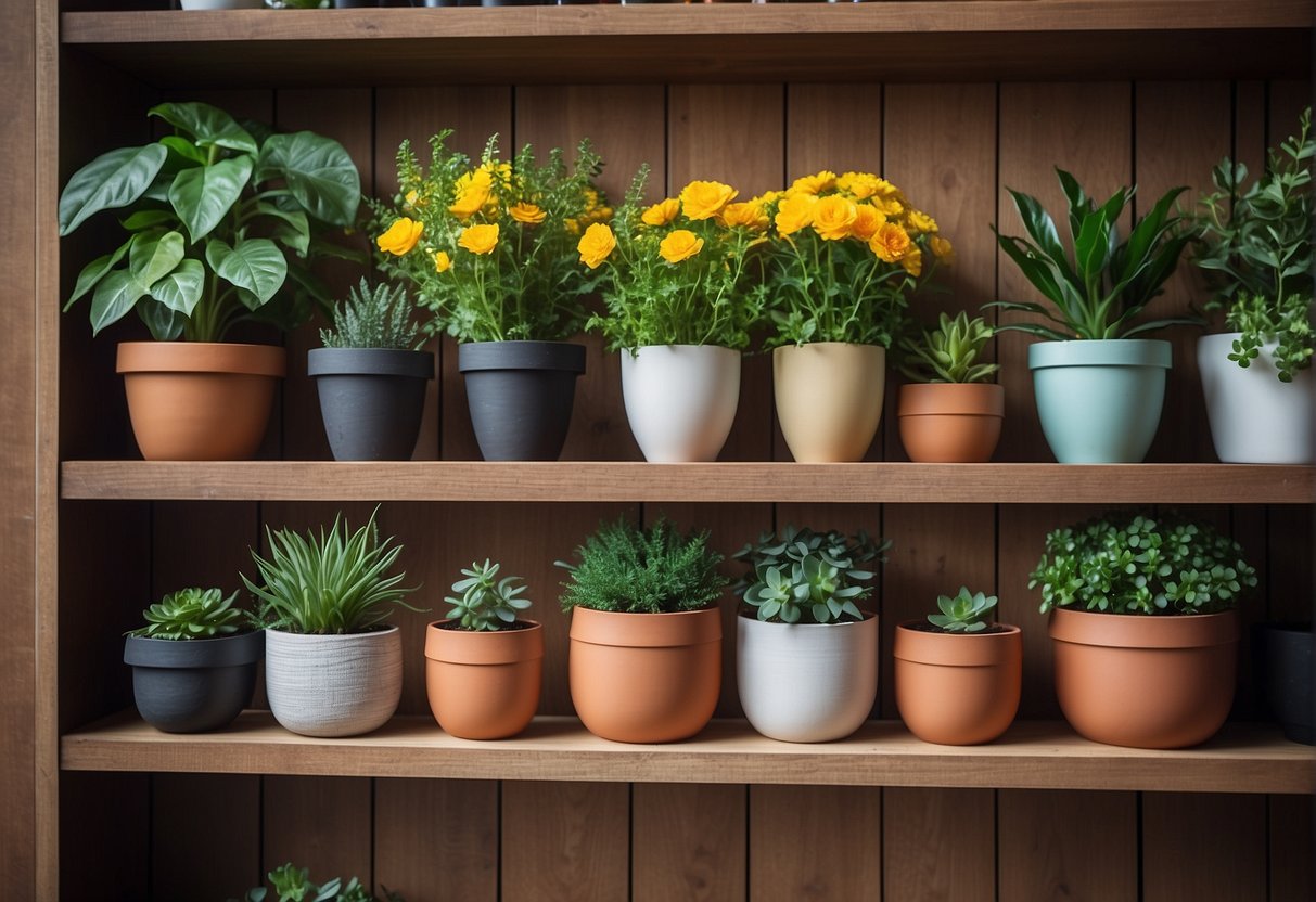 A variety of pots and planters arranged on a wooden shelf, some with vibrant flowers and others with lush green foliage