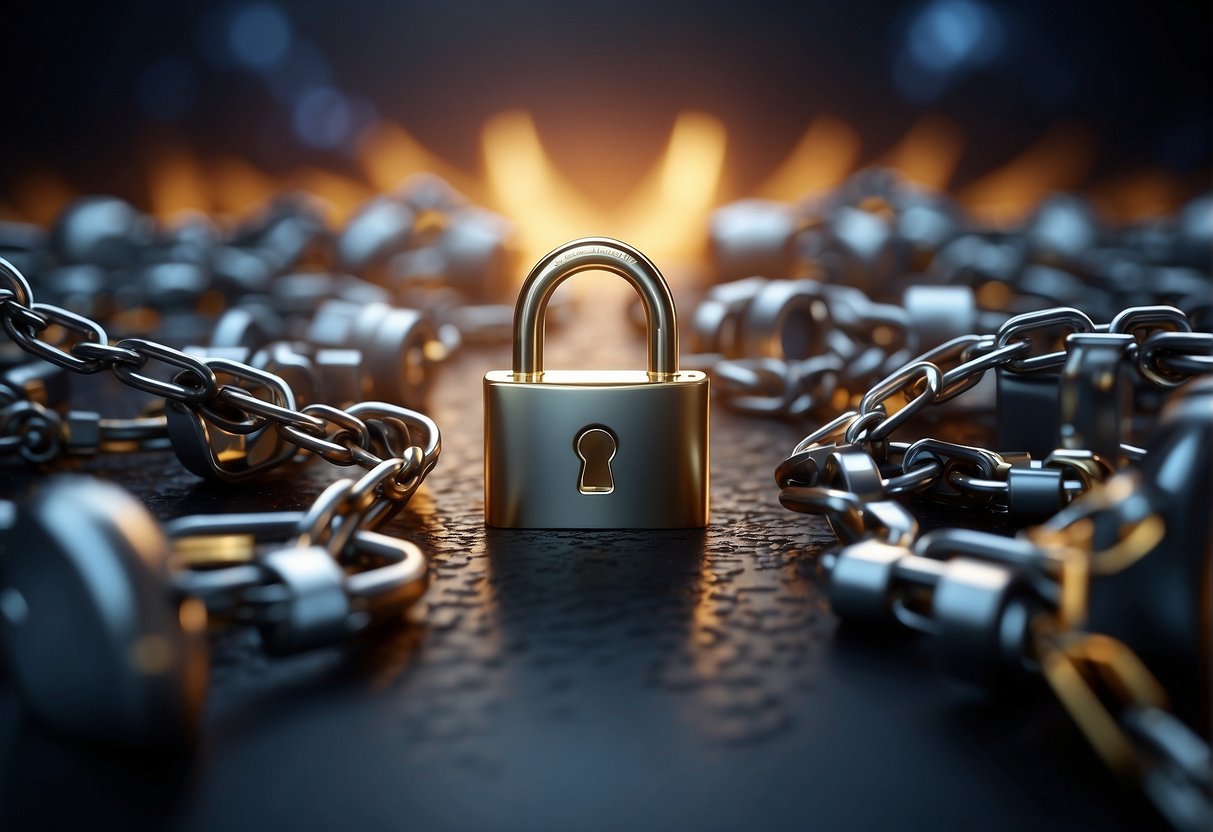 A secure lock icon symbolizing data protection within a virtual network, surrounded by shields and firewalls, with a broken chain representing data erasure