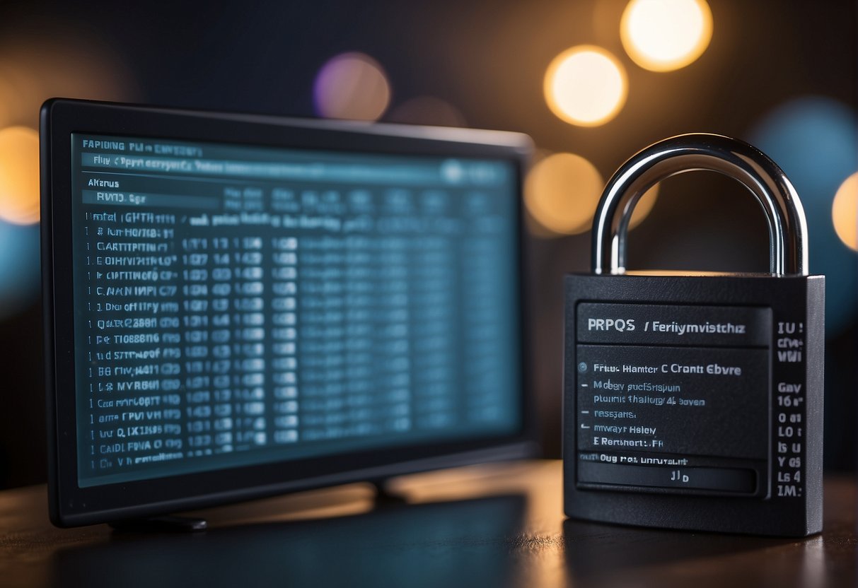 A computer monitor displaying a list of FAQs on data erasure in VPNs, with a padlock symbol in the background