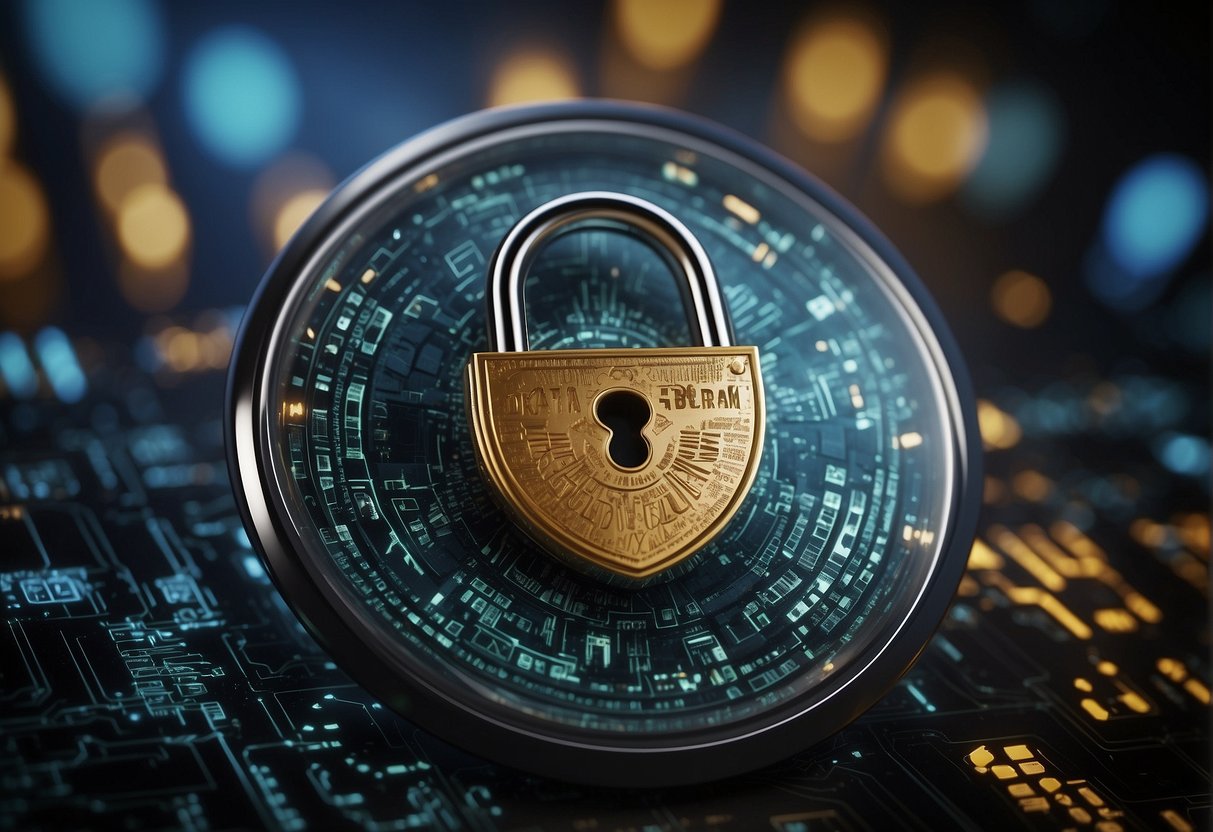 A computer screen displaying a locked padlock symbol, surrounded by various cyber threats such as viruses, hackers, and phishing emails. A shield with the words "Data Erasure" protects the screen