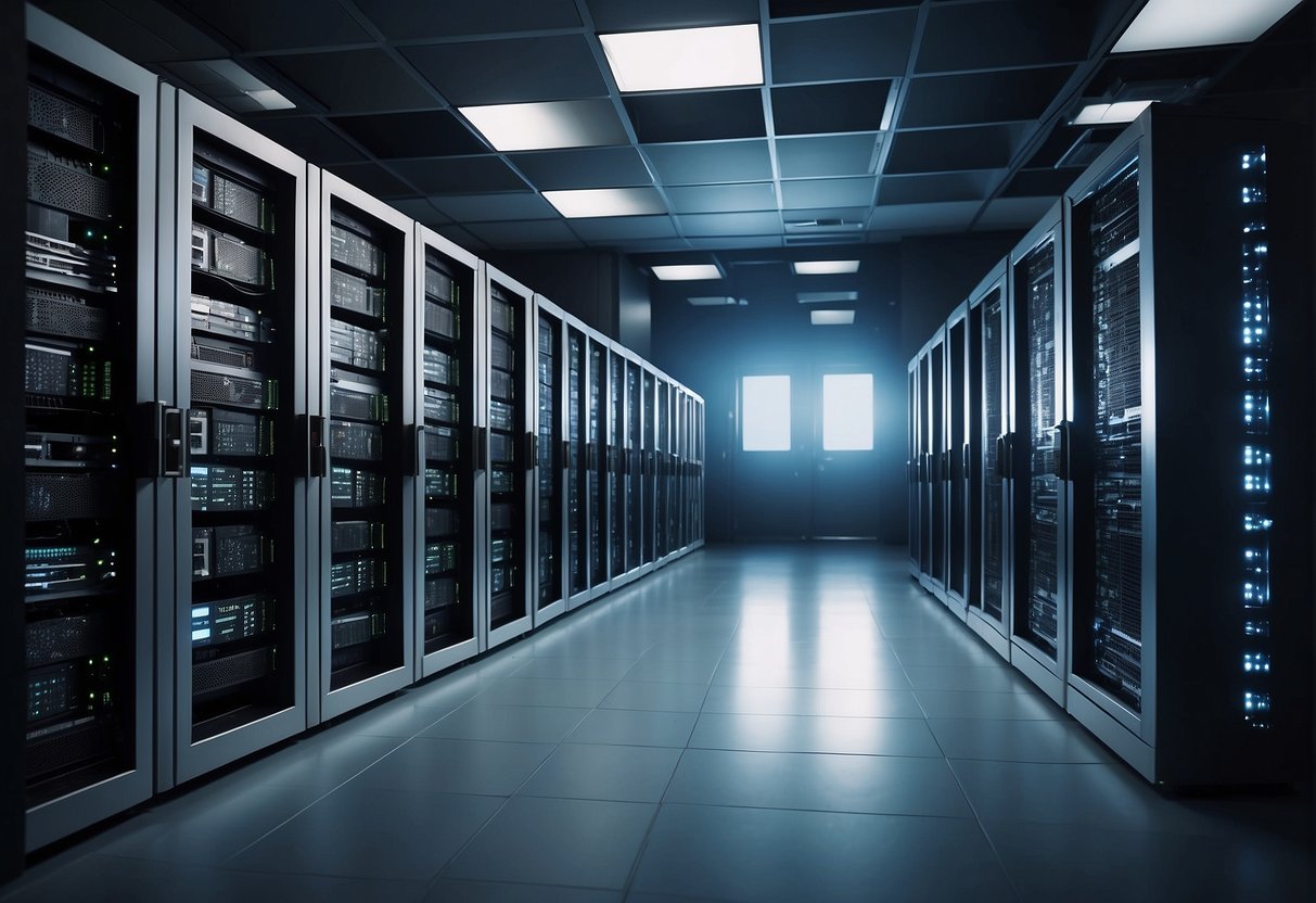 A secure server room with data being wiped clean from hard drives, reducing cyber insurance costs
