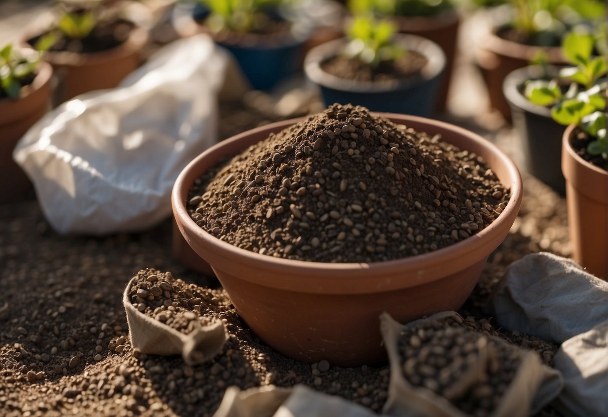 Potting mix fills soil pots and planters, spilling over the edges. Bags of mix are stacked nearby