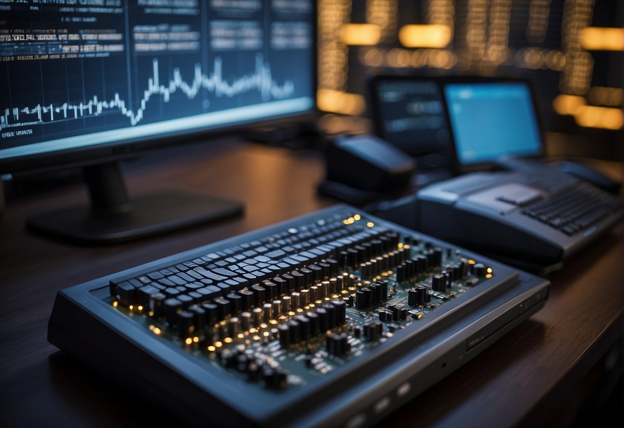 A computer server surrounded by an array of data erasure tools, with a graph showing decreasing cyber insurance premiums in the background
