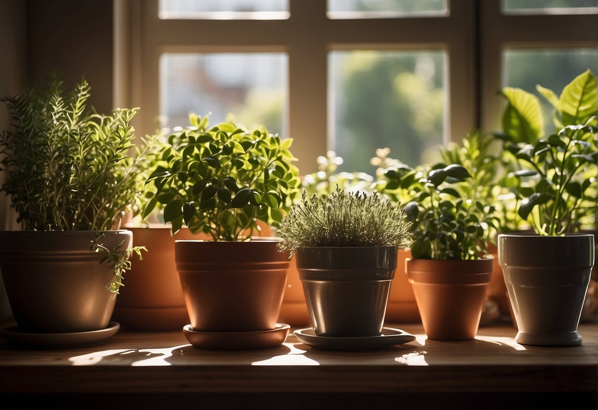 Pots and planters arranged neatly on a wooden shelf, surrounded by gardening tools and watering cans. Sunlight filters through a nearby window, casting a warm glow on the scene